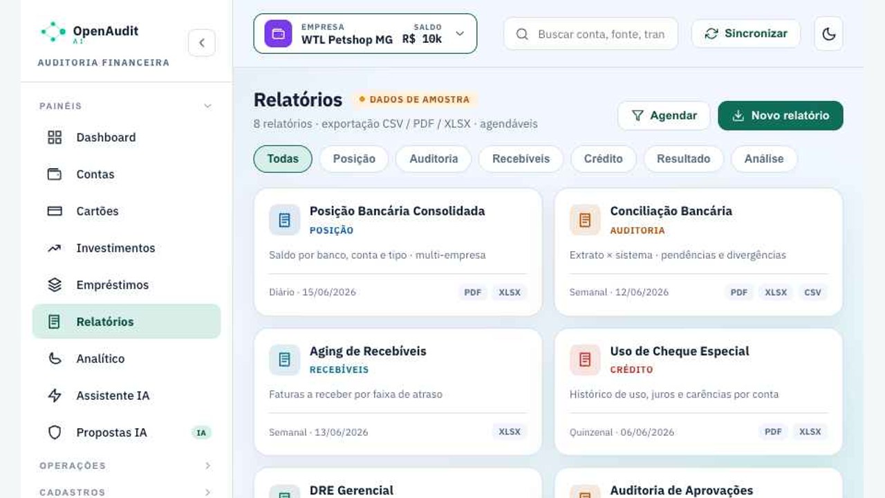 Relatórios no OpenAudit, com dados demonstrativos