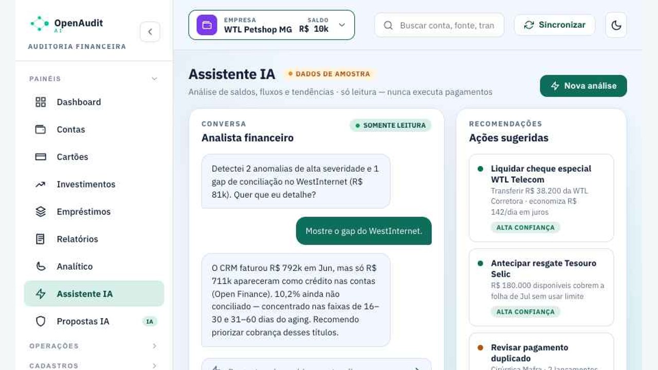 Assistente IA no OpenAudit, com dados demonstrativos